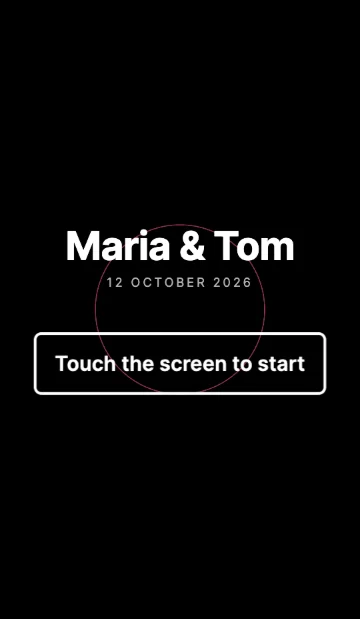 The photobooth idle screen with the title of the party and the text Touch the screen to start.